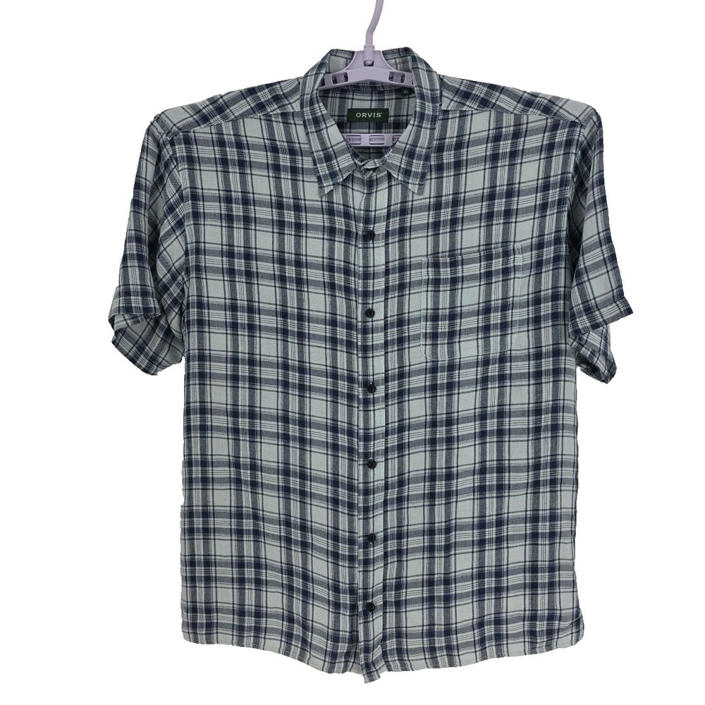 Orvis Men's Blue and White Check Short Sleeve 60% Linen 40% Tencel Shirt Size XL